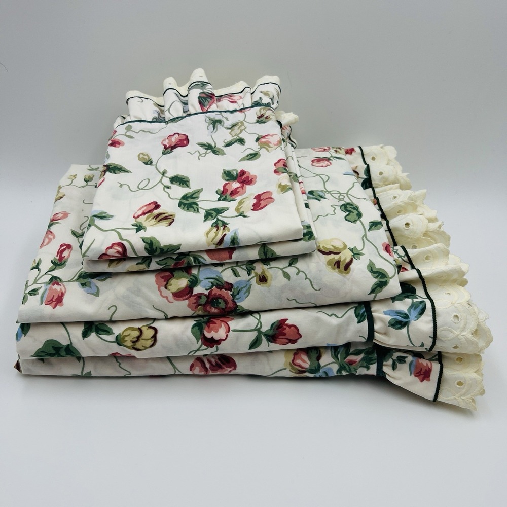 VTG 90s Waverly Belle Haven 5PC Queen Sheet Set Ruffle Floral Eyelet Rose Garden